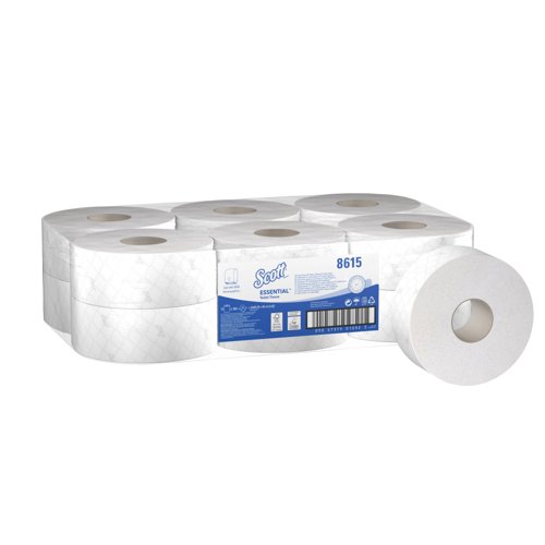 Scott® Essential™ Jumbo Roll Toilet Tissue 8615 - 2 Ply Toilet Paper - 12 Rolls x 500 White Toilet Paper Sheets (2,400m)
