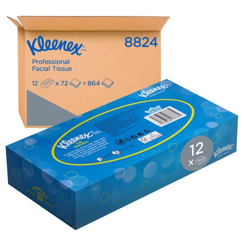 Kleenex® Facial Tissues 8824 - 3 Ply Boxed Tissues - 12 Flat Tissue Boxes x 72 White Facial Tissues (864 sheets)