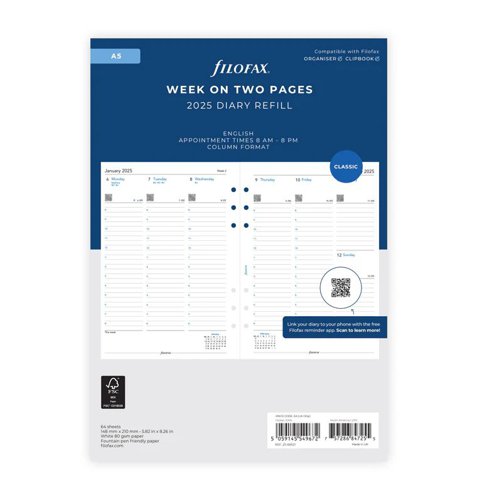 Filofax New Classic 2025 A5 Week On 2 Pages Appointment 25-68521