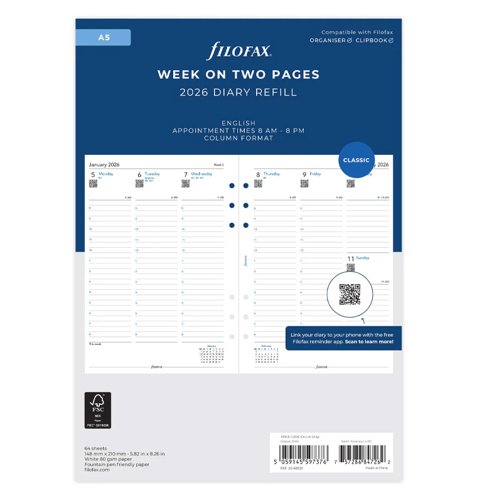 Filofax New Classic 2026 A5 Week On Two Pages Appointments 26-68521