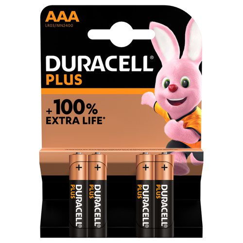 Duracell Plus AAA Battery Alkaline +100% Extra Life MN2400 [Pack 4]