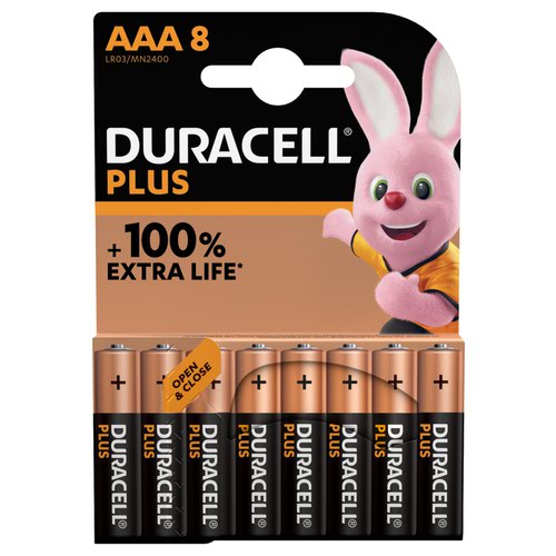 Duracell Plus AAA Battery Alkaline +100% Extra Life MN2400 [Pack 8]