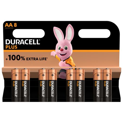 Duracell Plus AA Battery Alkaline +100% Extra Life MN1500 [Pack 8]
