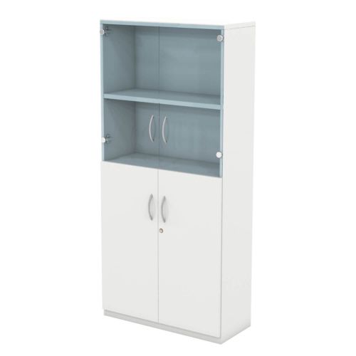 L&P INFINITY 1725H x 800W 3-Shelf Cupboard with 1-Shelf Lower Wooden Doors and 1-Shelf Clear Glass Doors White