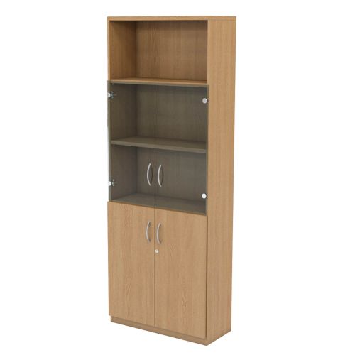 L&P INFINITY 2141H x 800W 4-Shelf Cupboard with 1-Shelf Lower Wooden Doors and 1-Shelf Clear Glass Doors Light Oak