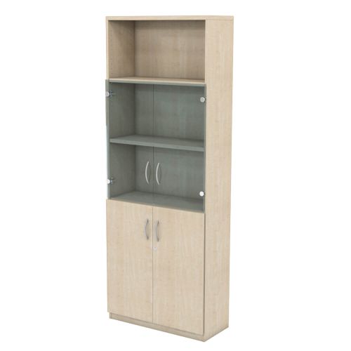 L&P INFINITY 2141H x 800W 4-Shelf Cupboard with 1-Shelf Lower Wooden Doors and 1-Shelf Clear Glass Doors Maple