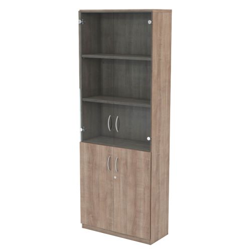 L&P INFINITY 2141H x 800W 4-Shelf Cupboard with 1-Shelf Lower Wooden Doors and 2-Shelf Clear Glass Doors Birch