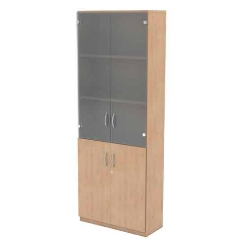 L&P INFINITY 2141H x 800W 4-Shelf Cupboard with 1-Shelf Lower Wooden Doors and 2-Shelf Opaque Glass Doors Beech