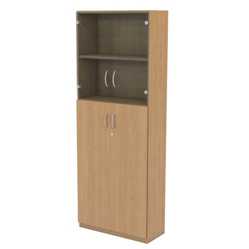 L&P INFINITY 2141H x 800W 4-Shelf Cupboard with 2-Shelf Lower Wooden Doors and 1-Shelf Clear Glass Doors Light Oak