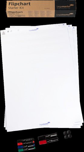 This is a complete kit of high-quality accessories for flipchart easels. The kit includes 3 flipchart paper pads with 20 sheets each, all plain white. In addition, it comes with 2 TZ48 jumbo presentation markers, one in black and one in red, and 4 TZ41 presentation markers, one each in black, red, blue, and green. The kit also includes 4 magnets with a diameter of 30mm.