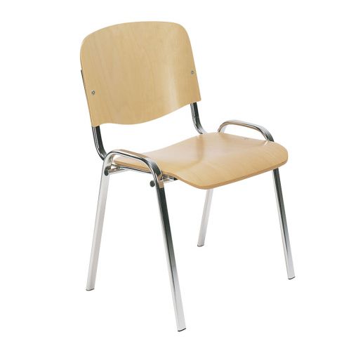 4 leg plywood stacking side chair with chrome frame. Beech.