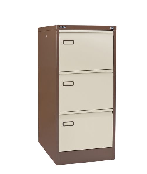 Mainline 3 drawer filing cabinet with swan neck grip handle. Coffee/cream.