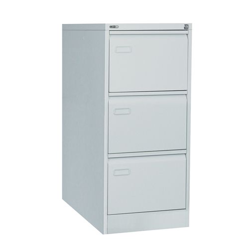 Mainline 3 drawer filing cabinet with swan neck grip handle. Grey.