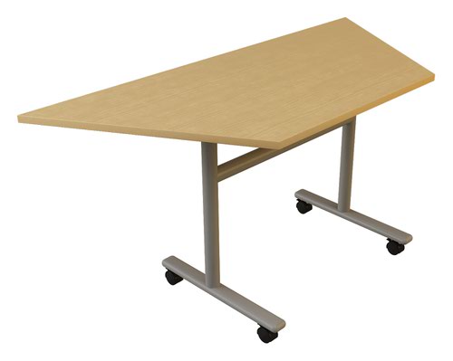 Flip Top Trapezoidal Table, 1600W X 800D X 740H, 25mm Beech Wood, Frame In Silver, 800mm Ends