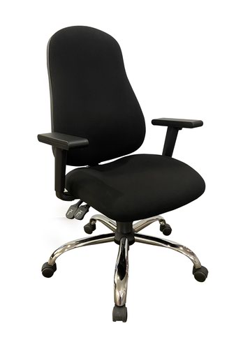 High Back Operators Chair With Height Adjustable Arms, Chrome Base, Black Fabric.