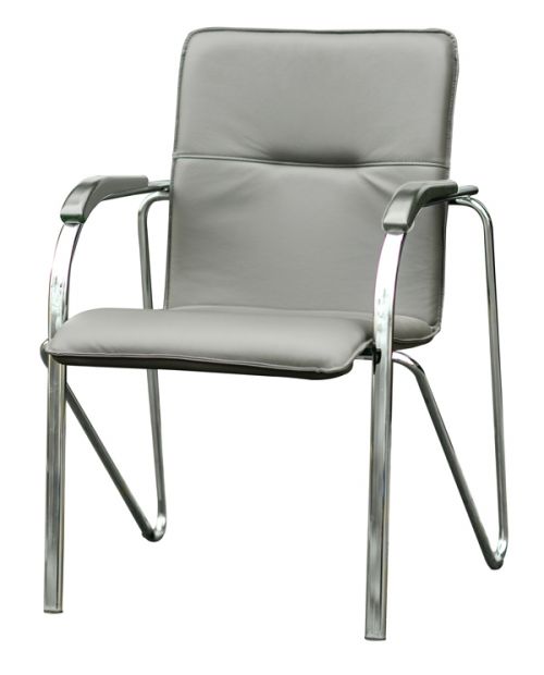 Meeting Armchair In Grey Valenica Platin 4043 Vinyl With Grey Armrests And A 4 Legged Chrome Frame