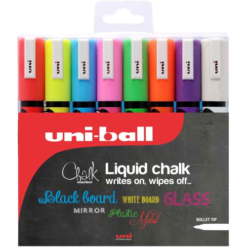 Uni Chalk Marker Medium Bullet Tip PWE-5M Line Width 1.8-2.5mm Wallet Assorted Ref 153494341 [Pack 8] - 522581