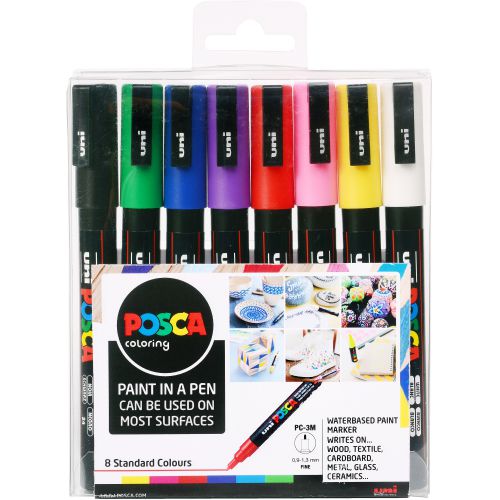 Get your art and craft on with a POSCA. This multi-surface pen is non-toxic and doesn’t bleed through surfaces so it’s the ideal choice for a creative afternoon making cards, designing decorations and customising clothes. Versatile and vibrant, the PC-3M fine bullet tip can be enjoyed by artists, crafters and customizers alike. Its steady line and solid colour gives you the power to customise, create, decorate or make your mark on anything that inspires you.POSCA paint markers are great value because one pen has so many uses. It contains water-based pigment ink (so no nasties) that’s lightfast, water resistant and will write on almost any surface including ceramics, wood, paper, glass, plastic, textiles and metal. Let your creativity shine with POSCA, this multi-use paint marker is available in a number of vibrant, opaque solid colours. You can mix the shades while the paint is wet and overlay colours on top of one another when they dry. With POSCA the possibilities are endless.