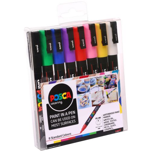 Get your art and craft on with a POSCA. This multi-surface pen is non-toxic and doesn’t bleed through surfaces so it’s the ideal choice for a creative afternoon making cards, designing decorations and customising clothes. Versatile and vibrant, the PC-3M fine bullet tip can be enjoyed by artists, crafters and customizers alike. Its steady line and solid colour gives you the power to customise, create, decorate or make your mark on anything that inspires you.POSCA paint markers are great value because one pen has so many uses. It contains water-based pigment ink (so no nasties) that’s lightfast, water resistant and will write on almost any surface including ceramics, wood, paper, glass, plastic, textiles and metal. Let your creativity shine with POSCA, this multi-use paint marker is available in a number of vibrant, opaque solid colours. You can mix the shades while the paint is wet and overlay colours on top of one another when they dry. With POSCA the possibilities are endless.