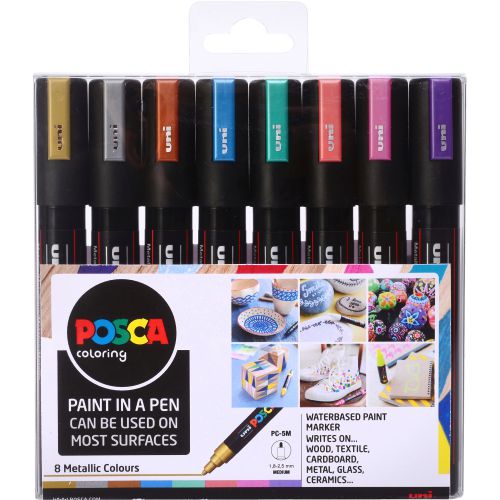 The amazing thing about POSCA pens is that these pens work so well on so many different projects. From revamping old outfits and accessories or up-cycling furniture to decorating dainty items and drawing-up amazing artworks, these paint markers do a great job of adding colour and life to any creation.An all-round classic and a great go-to for beginners, the PC-5M medium 1.8-2.5mm bullet tip produces neat and precise lines and is ideal for colouring. It is a reliable go-to marker for both professionals and beginners alike.POSCA paint markers are great value because one pen has so many uses. Its water-based pigment ink (so no nasties) is lightfast, water resistant and will write on almost any surface including ceramics, wood, paper, glass, plastic, textiles and metal. Let your creativity shine with POSCA, this multi-use paint marker is available in a number of vibrant, opaque solid colours. You can mix the shades while the paint is wet and overlay colours on top of one another when they dry. With POSCA the possibilities are endless.