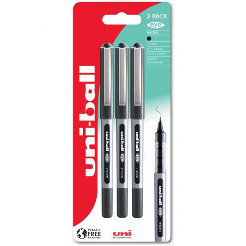 uni-ball Eye Micro UB-150 Liquid Ink Rollerball Pen 0.5mm Tip 0.3mm Line Plastic Free Packaging Black (Pack 3) - 238212075