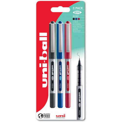 uni-ball Eye Micro UB-150 Liquid Ink Rollerball Pen 0.5mm Tip 0.3mm Line Plastic Free Packaging Black/Blue/Red (Pack 3) - 238212076 Mitsubishi Pencil Company