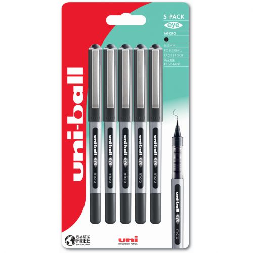 uni-ball Eye Micro UB-150 Liquid Ink Rollerball Pen 0.5mm Tip 0.3mm Line Plastic Free Packaging Black (Pack 5) - 238212077 Mitsubishi Pencil Company