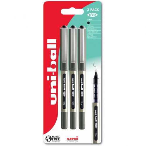 uni-ball EYE Fine UB-157 Rollerball Pen 0.7mm Tip Black Blister Pack Plastic Free Packaging (Pack 3) - 238212078