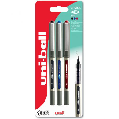 uni-ball EYE Fine UB-157 Rollerball Pen 0.7mm Tip Black/Blue/Red Blister Pack Plastic Free Packaging (Pack 3) - 238212079