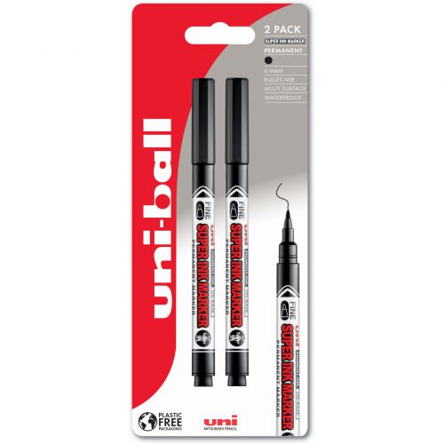 uni Super Ink Permanent Marker Bullet Tip 0.9mm Line Black Plastic Free Packaging (Pack 2) - 238212159 Mitsubishi Pencil Company