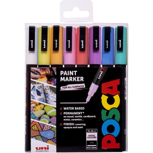 Get your art and craft on with a POSCA. This multi-surface pen is non-toxic and doesn’t bleed through surfaces so it’s the ideal choice for a creative afternoon making cards, designing decorations and customising clothes. Versatile and vibrant, the PC-3M fine bullet tip can be enjoyed by artists, crafters and customizers alike. Its steady line and solid colour gives you the power to customise, create, decorate or make your mark on anything that inspires you.POSCA paint markers are great value because one pen has so many uses. It contains water-based pigment ink (so no nasties) that’s lightfast, water resistant and will write on almost any surface including ceramics, wood, paper, glass, plastic, textiles and metal. Let your creativity shine with POSCA, this multi-use paint marker is available in a number of vibrant, opaque solid colours. You can mix the shades while the paint is wet and overlay colours on top of one another when they dry. With POSCA the possibilities are endless.