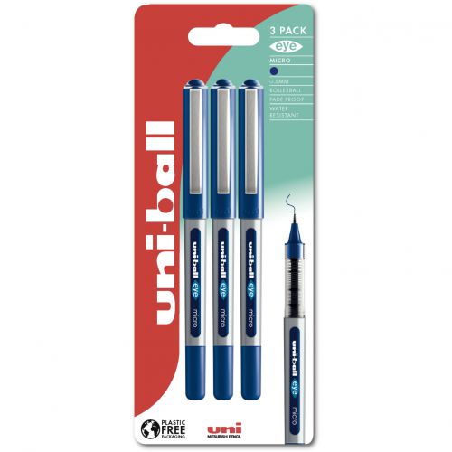 uni-ball Eye Micro UB-150 Liquid Ink Rollerball Pen 0.5mm Tip 0.3mm Line Plastic Free Packaging Blue (Pack 3) - 238212180 67985UB