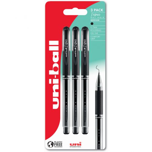 uni-ball Signo Gel Grip UM-151S Rollerball Pen 0.7mm Tip 0.4mm Line Black Plastic Free Packaging (Pack 3) - 238212225