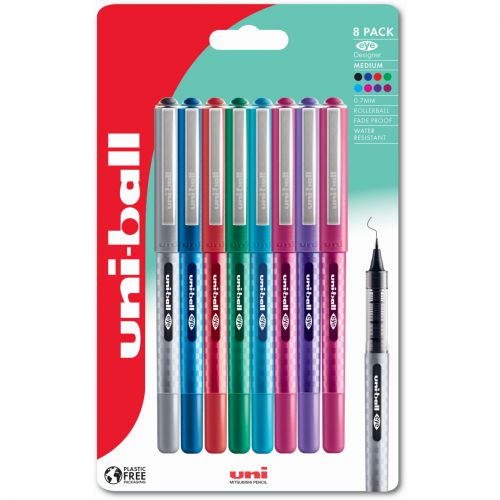 uni-ball EYE Designer UB-157D Rollerball Pen 0.7mm Tip Assorted Blister Pack Plastic Free Packaging (Pack 8) - 238212253