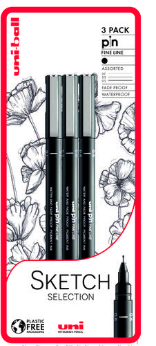 uni PIN Sketch Selection Pigment Ink Fine Line Pen 01mm 0.3mm Tip & 0.5mm Tip Blister Plastic Free Packaging (Pack 3) - 238212791