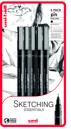 uni PIN Sketching Essentials Pigment Ink Fine Line Pen 0.1mm 0.2mm 0.3mm Tip 0.5mm & 0.8mm Tip Blister Plastic Free Packaging (Pack 5) - 238212794