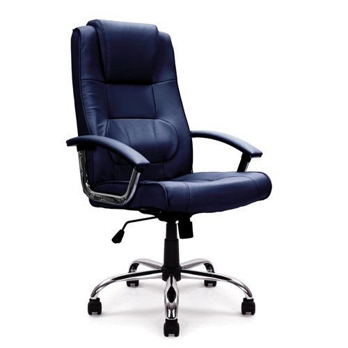 Westminster High Back Leather Faced Executive Armchair with Integral Headrest and Chrome Base - Blue