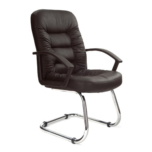 41516NA | This high back leather faced executive visitor armchair features ruched panel detailing on a generously proportioned seat and backrest with sculptured deep fill foam. Stylish heavy duty arms along with a chrome cantilever frame, complete the unit.