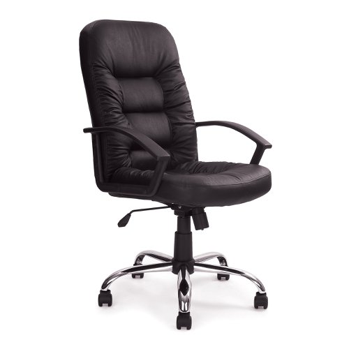 This high back leather faced executive office chair features ruched panel detailing on a generously proportioned seat and backrest with sculptured deep fill foam. It also offers a mechanism which allows the user to fully recline the chair and is adjustable for individual bodyweight (tension control) which can be locked in upright position. A gaslift offers easy seat height adjustment, and stylish heavy duty arms along with a large chrome base fitted with twin wheel hooded castors complete the unit.