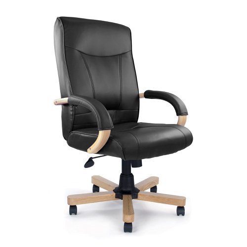 Troon High Back Leather Faced Executive Chair with Oak Effect Arms & Base - Black