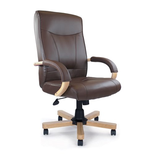 Troon High Back Leather Faced Executive Chair with Oak Effect Arms & Base - Brown