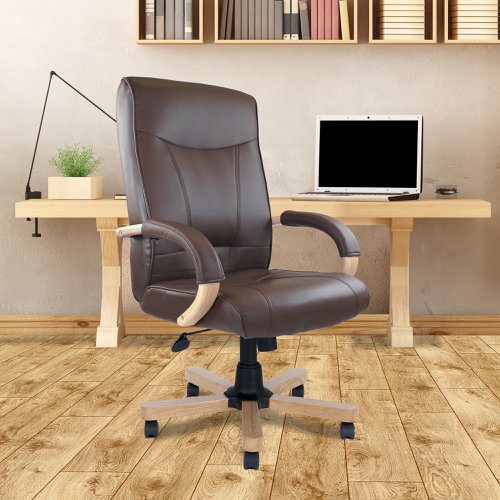 Nautilus Designs Troon High Back Leather Faced Executive Office Chair With Fixed Arms Brown Oak Effect Arms and Base - DPA4750ATG/LBN