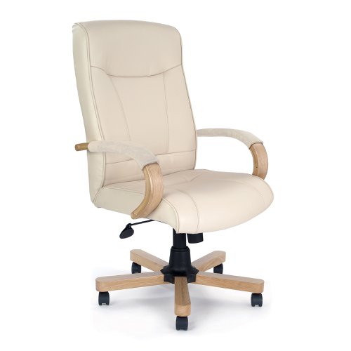 Troon High Back Leather Faced Executive Chair with Oak Effect Arms & Base - Cream