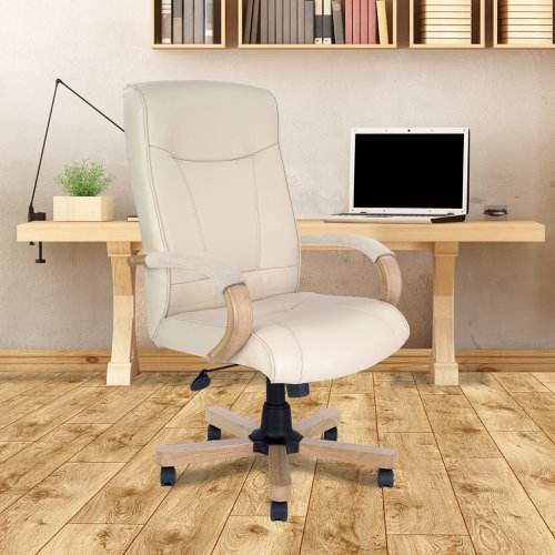 Nautilus Designs Troon High Back Leather Faced Executive Office Chair With Fixed Arms Cream Oak Effect Arms and Base - DPA4750ATG/LCM
