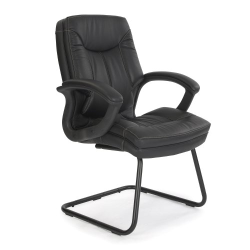 Stylish High Back Leather Faced Visitor Armchair with Upholstered Armrests and Pronounced Lumbar Support
