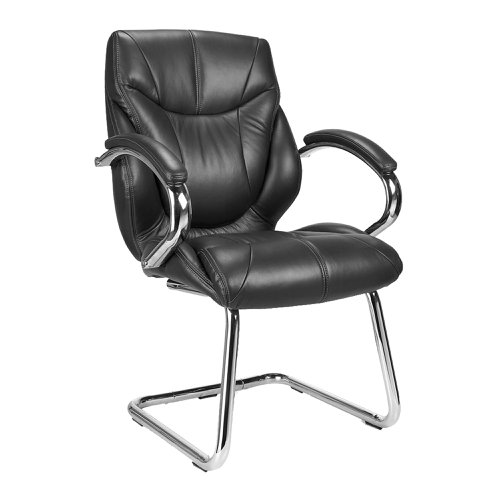 This high back executive visitor armchair leaves little to desire. It is upholstered with sumptuous Italian leather facing and stylishly finished with detailed stitching. The generously proportioned seat with slight waterfall front and backrest with sculptured lumbar and spine support are complemented with matching padded and upholstered armrests. It is finished with a beautifully polished chrome cantilever frame and matching integrated arms.