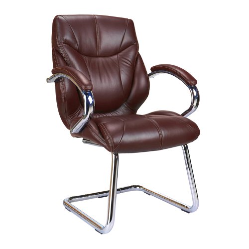 This high back executive visitor armchair leaves little to desire. It is upholstered with sumptuous Italian leather facing and stylishly finished with detailed stitching. The generously proportioned seat with slight waterfall front and backrest with sculptured lumbar and spine support are complemented with matching padded and upholstered armrests. It is finished with a beautifully polished chrome cantilever frame and matching integrated arms.