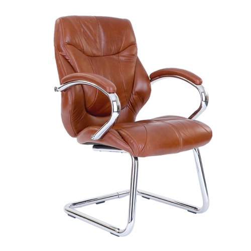 Sandown High Back Luxurious Leather Faced Executive Visitor Armchair with Integral headrest and Chrome Base - Tan