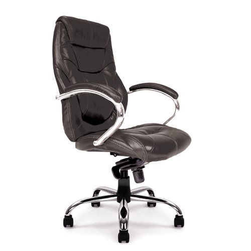 Sandown High Back Luxurious Leather Faced Synchronous Executive Armchair with Integral headrest and Chrome Base - Black