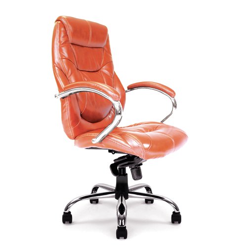 Sandown High Back Luxurious Leather Faced Synchronous Executive Armchair with Integral headrest and Chrome Base - Tan